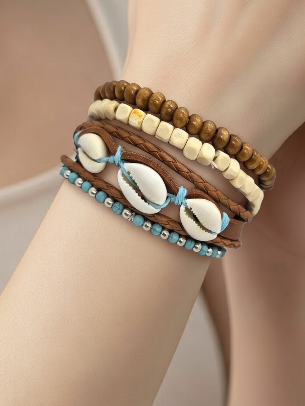Bohemian Shell Stacked Bracelet Set/4 Beaded Wooden Turquoise Beachy Stack NWT
